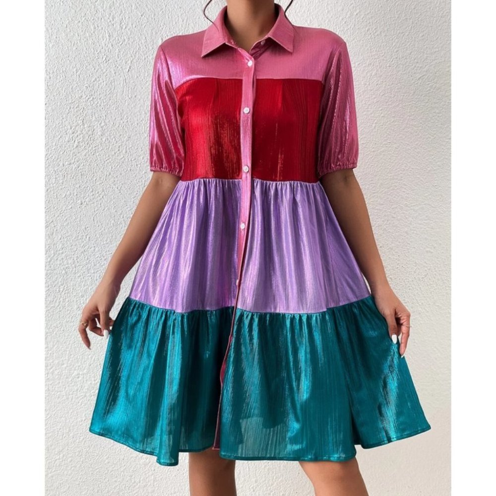 Multicolor Womens colorblock metallic button down shirt Dress - Picture 8 of 8